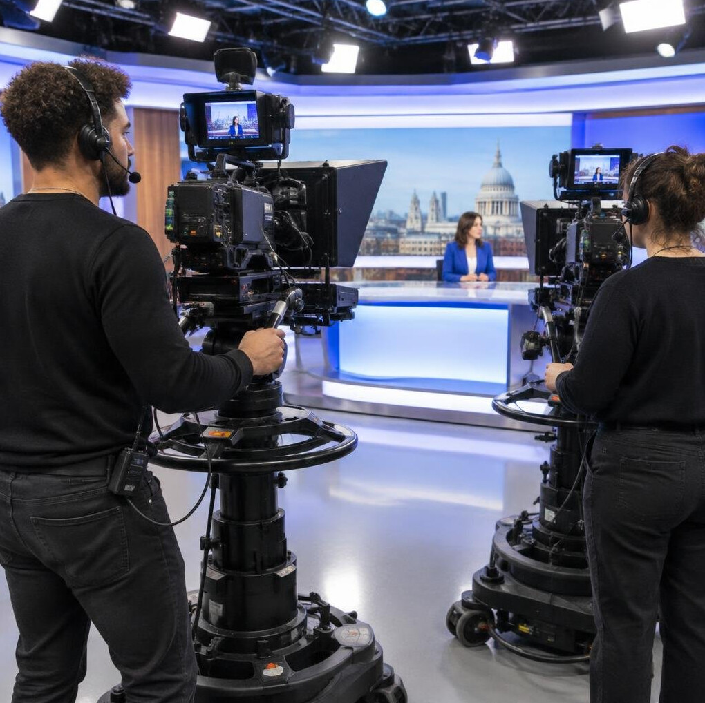 Camera operators filming inside a professional television studio