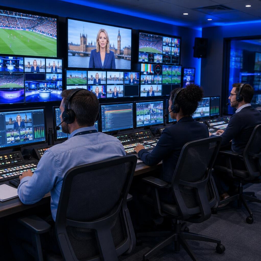Broadcast engineers monitoring live video feeds in a television control room
