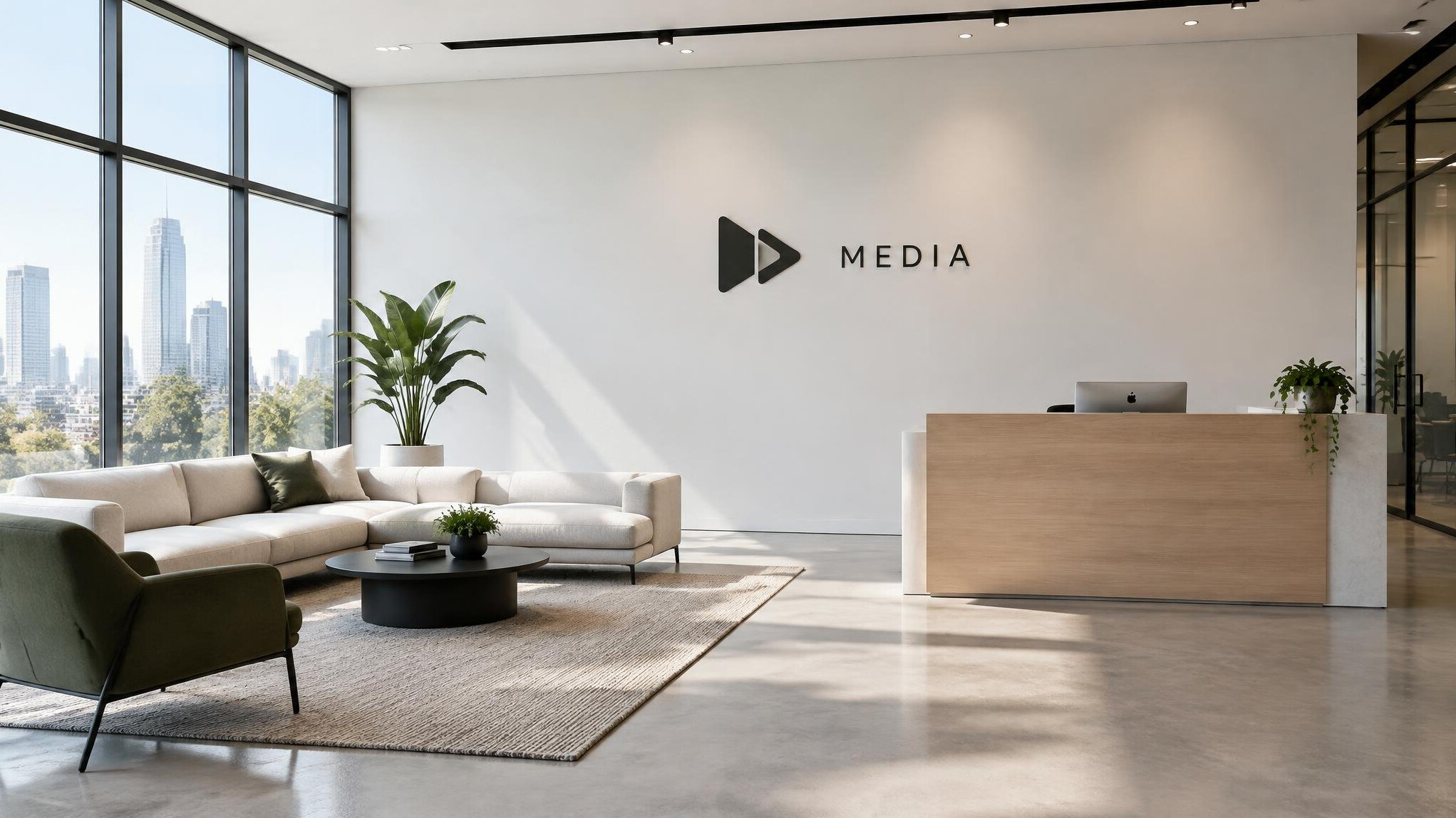 Modern media company reception area with lounge seating and branding wall