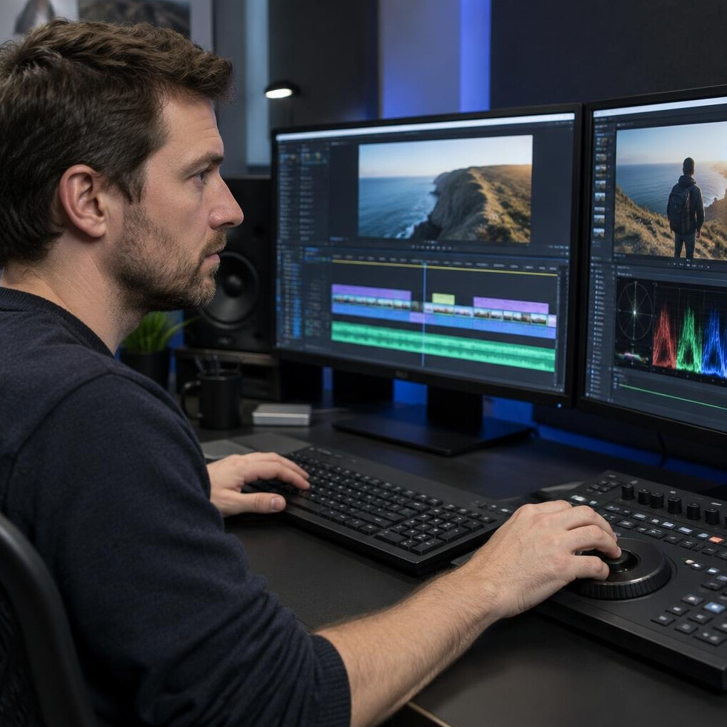 Video editor working on a broadcast timeline at an editing suite